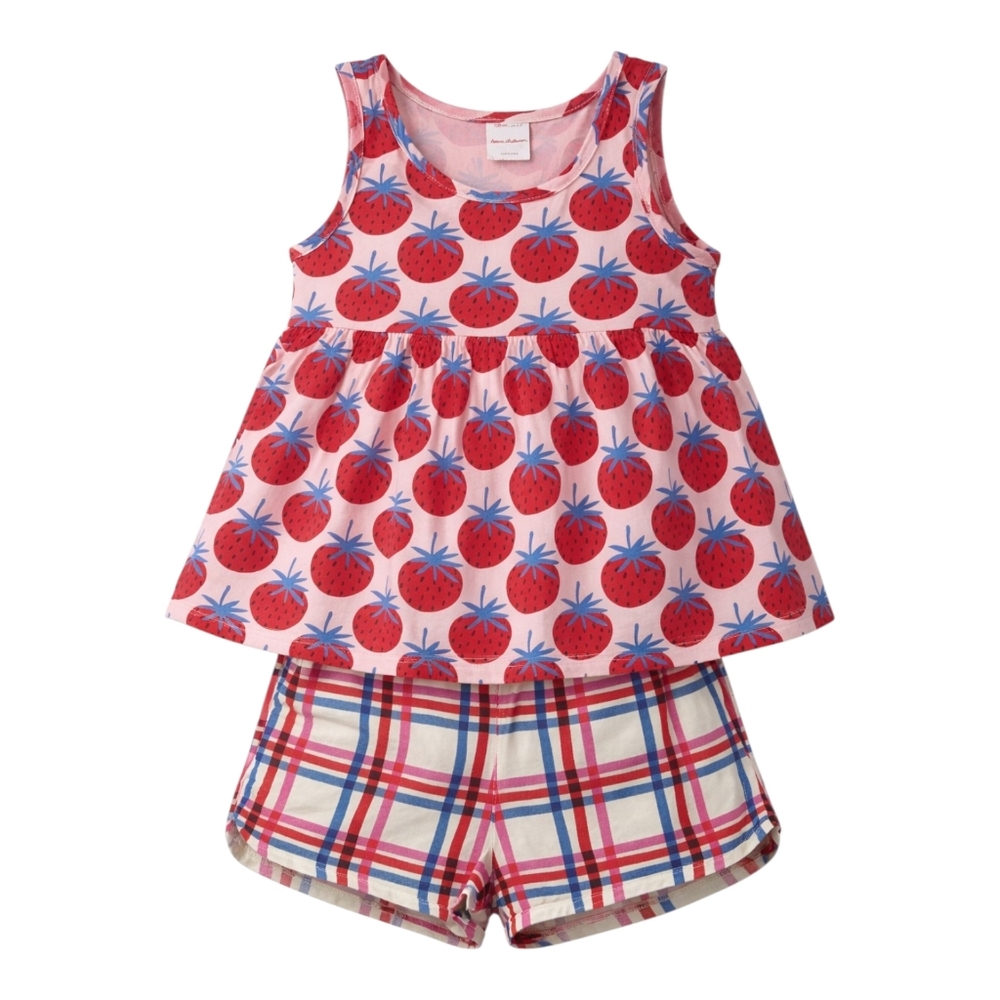 Hanna Andersson Summer Outfit Pink Red Blue Strawberries Shirt Shorts Girls 6 7